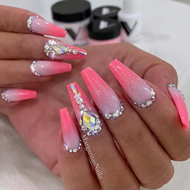 Pink Ombre Coffin Nails with Rhinestones