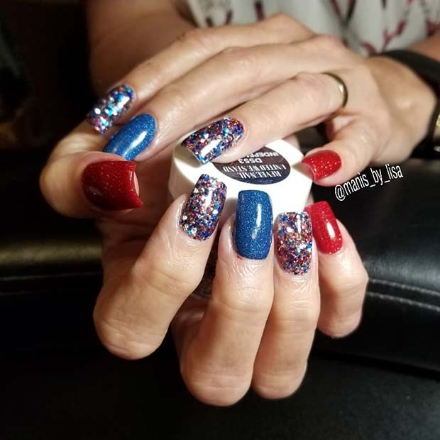 Red and Blue Glitter Nail Design