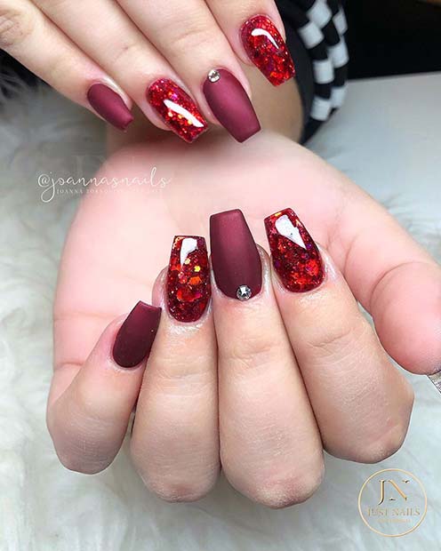 Red Glitter Nails with Burgundy