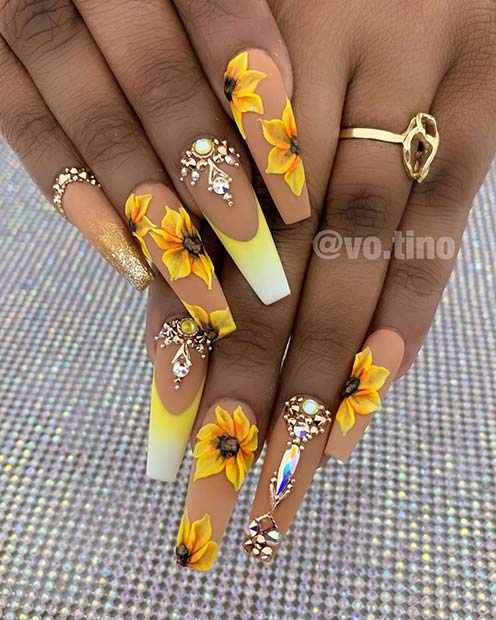 Acrylic Nails / 3D sunflower design - YouTube