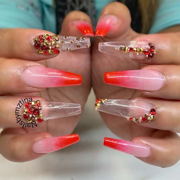Trendy Ombre Nails with Rhinestones