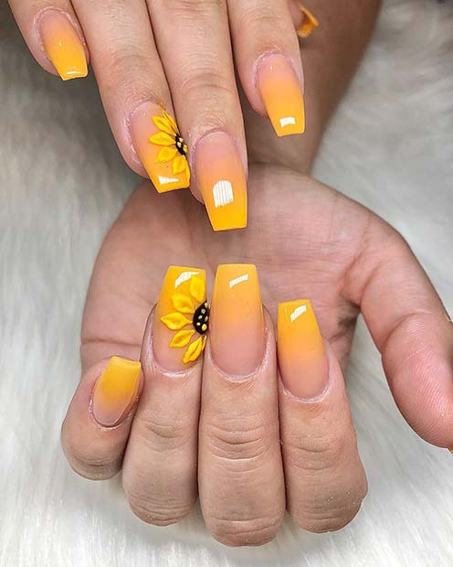 Yellow Ombre Nails with Sunflowers