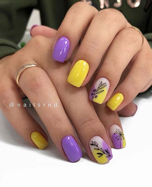 Yellow and Purple Nail Design