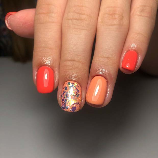 Short Orange Nails with Glitter