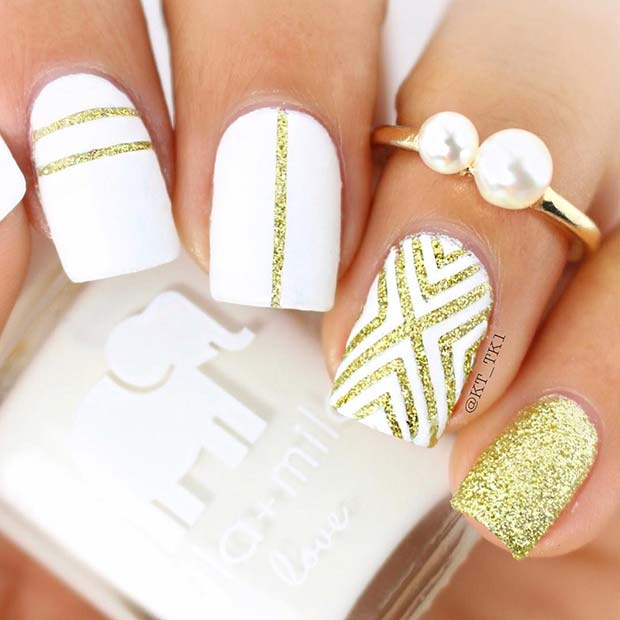 Glam Gold and White Mani