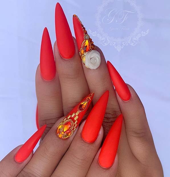 Glam Mani with Rhinestones and a Flower