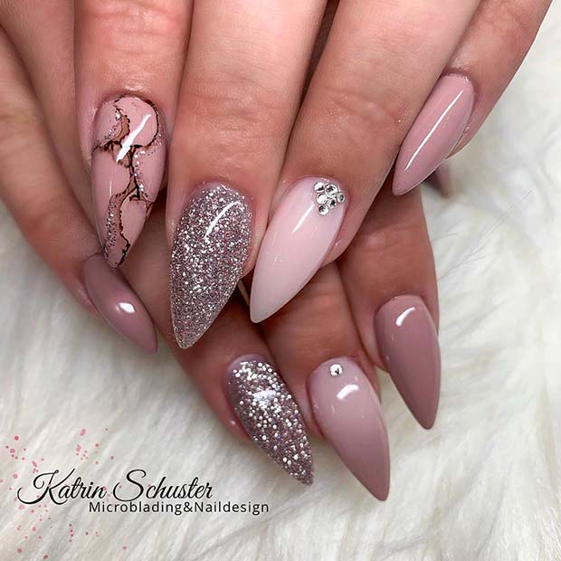 Glitzy Nails with Marble Art