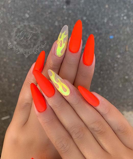 Matte Neon Orange Nails with Flames