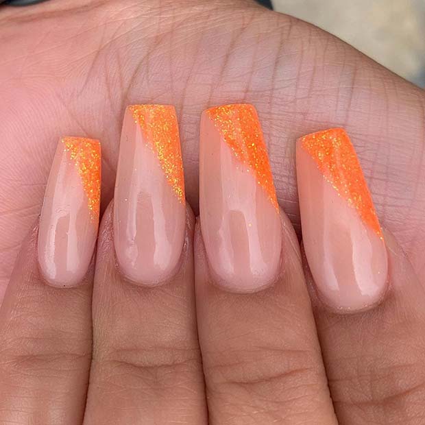 Nude Nails with Orange Stripes