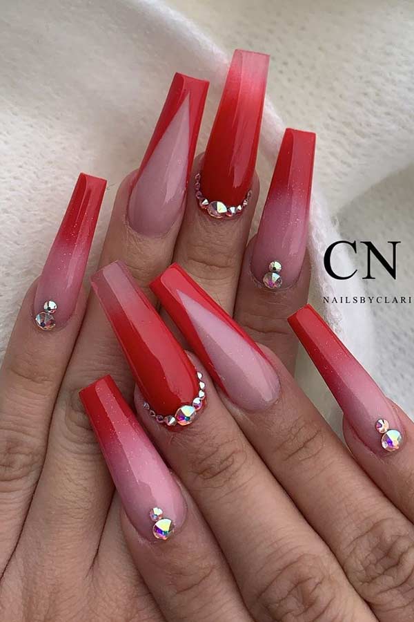 Nude and Red Ombre Coffin Nails