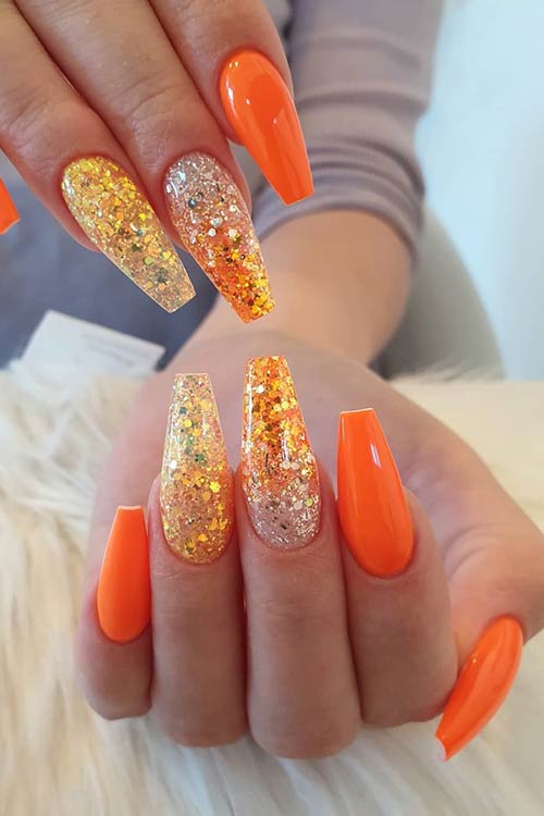 Orange Coffin Nails with Glitter