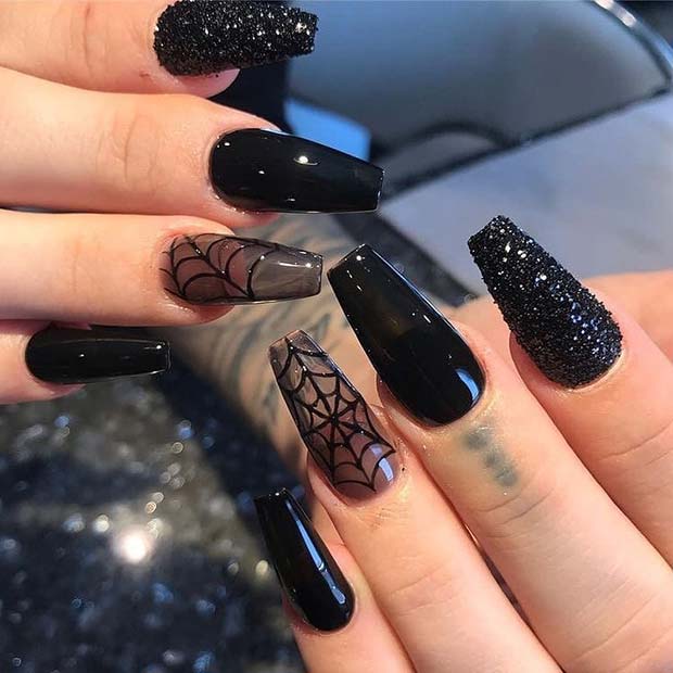Sparkly Black Nails with Spider Webs