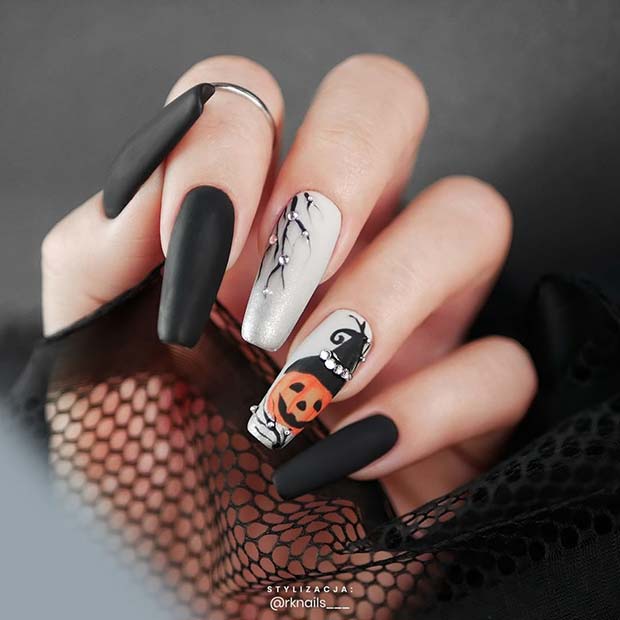 Stylish Halloween Nails with Rhinestones