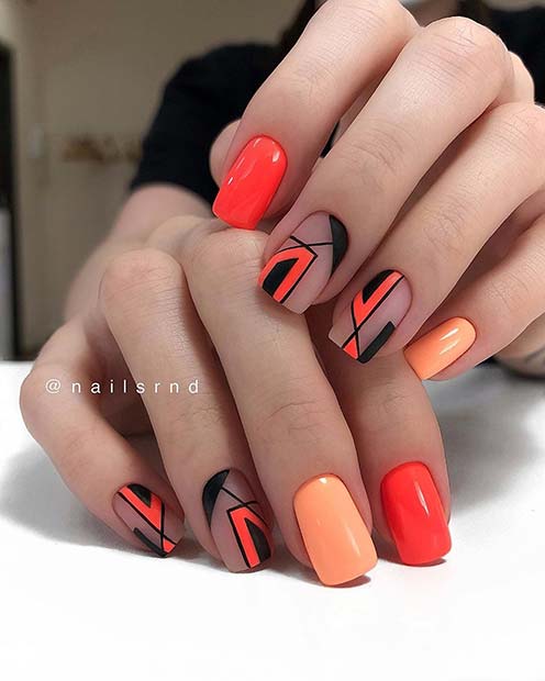 Trendy Orange and Black Nails