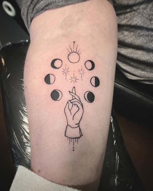 Spiritual tattoo idea custom linedrawing with moon phases and unalome by  Deni Minar  Elements tattoo Spine tattoos for women Inspirational tattoos