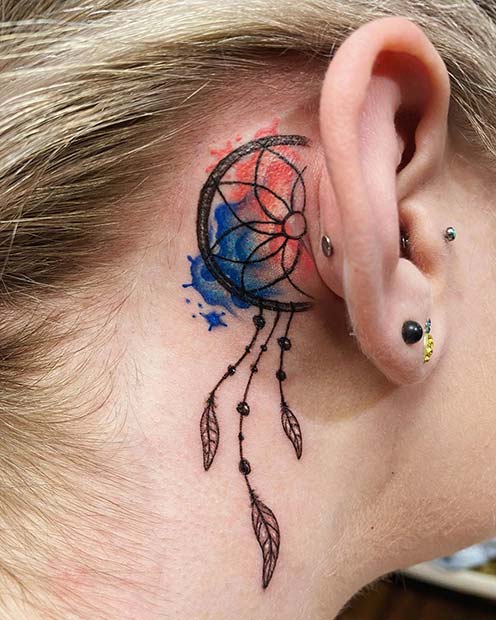 Dream Catcher Behind the Ear Tattoo