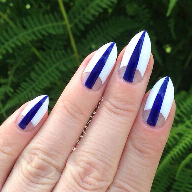 White Nails with Blue Stripes