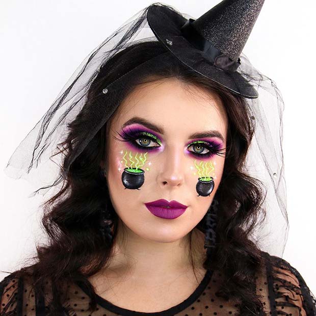 Pretty Witch Makeup with Cauldrons