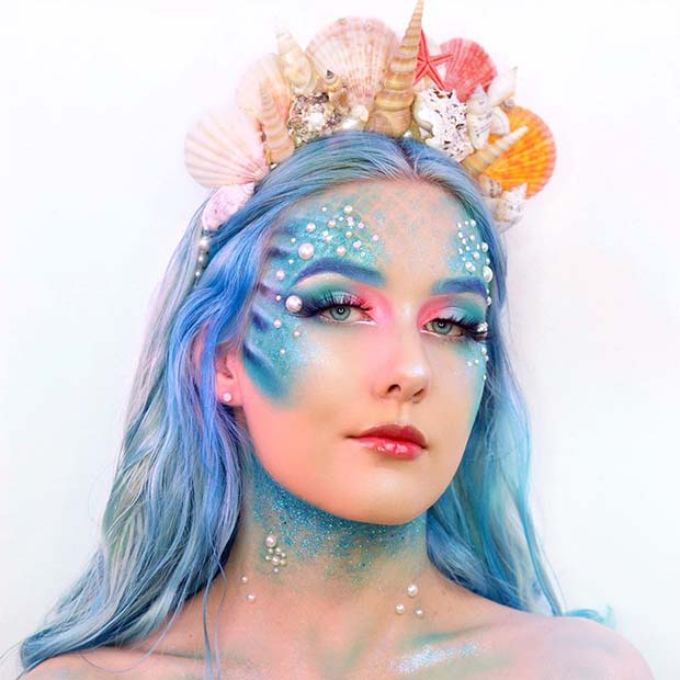 Blue Mermaid Makeup with Pearls