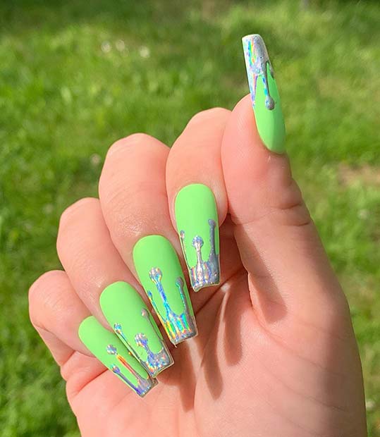 Green Nails with Holographic Drips