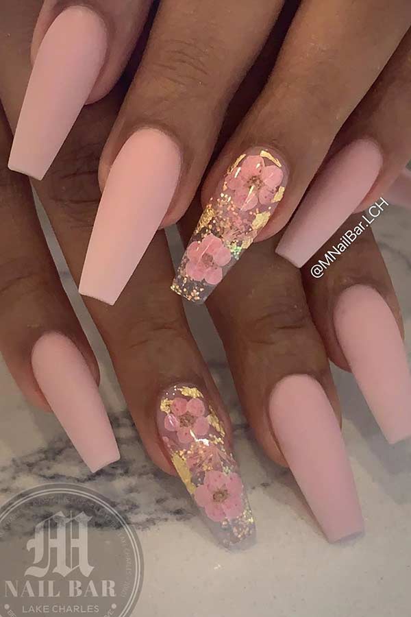 Light Pink Nails with a Floral Accent Nail