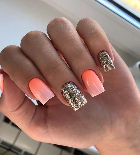Neon Ombre Nails with Gold Glitter