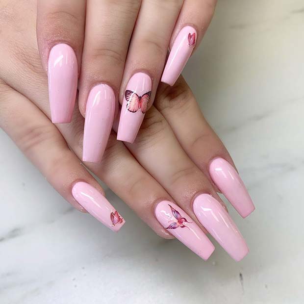 Pink Nails with Butterflies