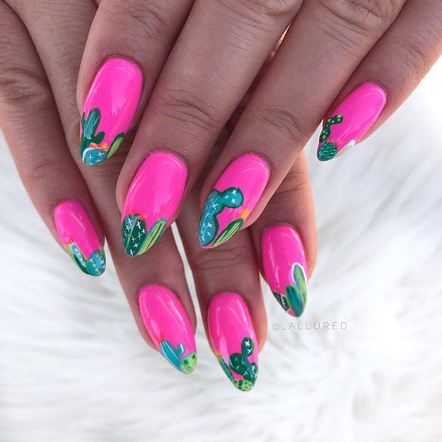 Pink Nails with Cactus Nail Art
