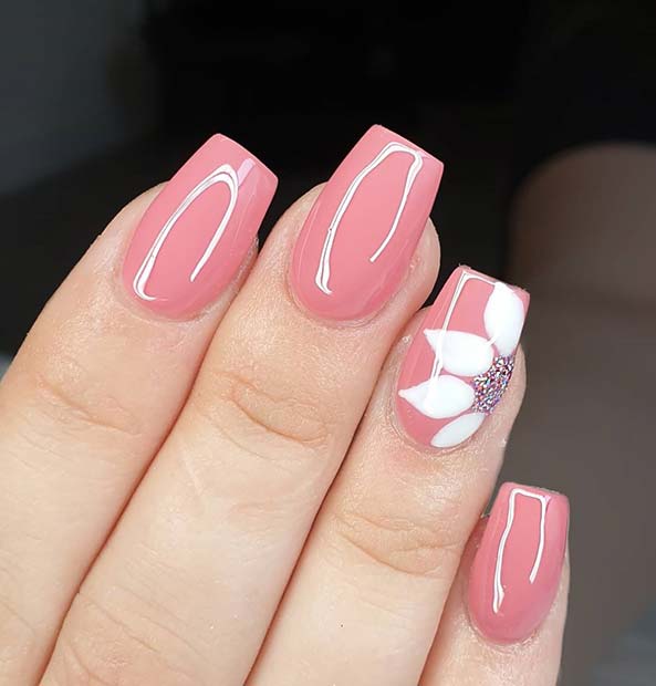 Pink Nails with a White Flower