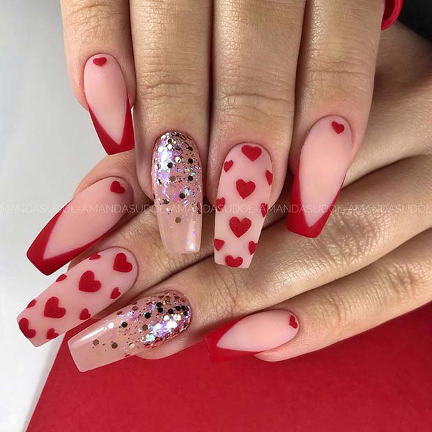 Red Heart Nails with Sequins