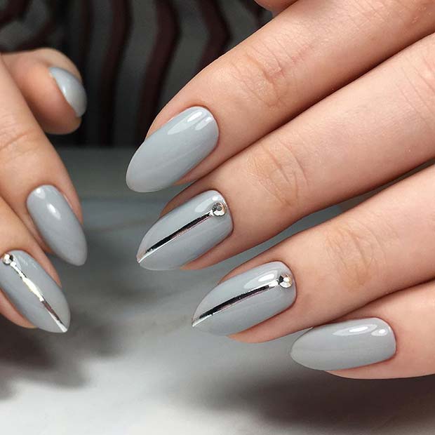 Stylish Grey Nails with Silver Tape