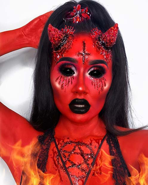 Terrifying Devil Makeup with Rhinestones