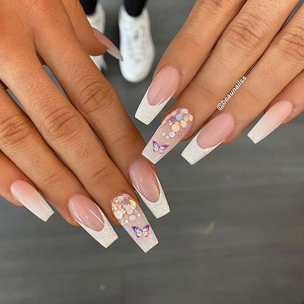 White French Tip Nails with Butterflies and Glitter