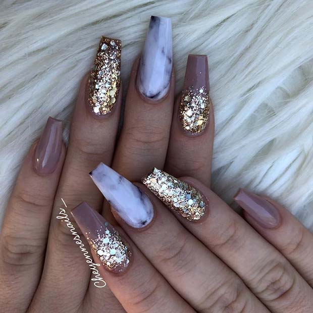 Dark Nude and Gold Glitter Nails