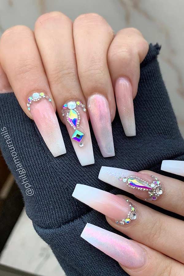 Ombre Coffin Nails with Rhinestones