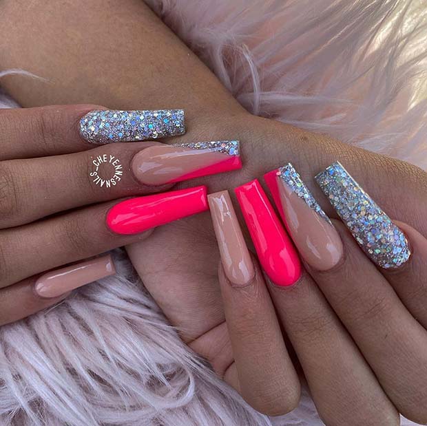 Neon Pink and Silver Glitter Nails