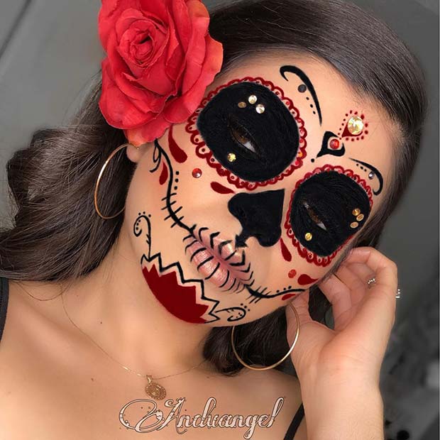 Pretty Red and Black Sugar Skull Makeup