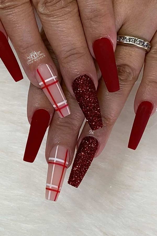 Red Plaid Coffin Acrylic Nails