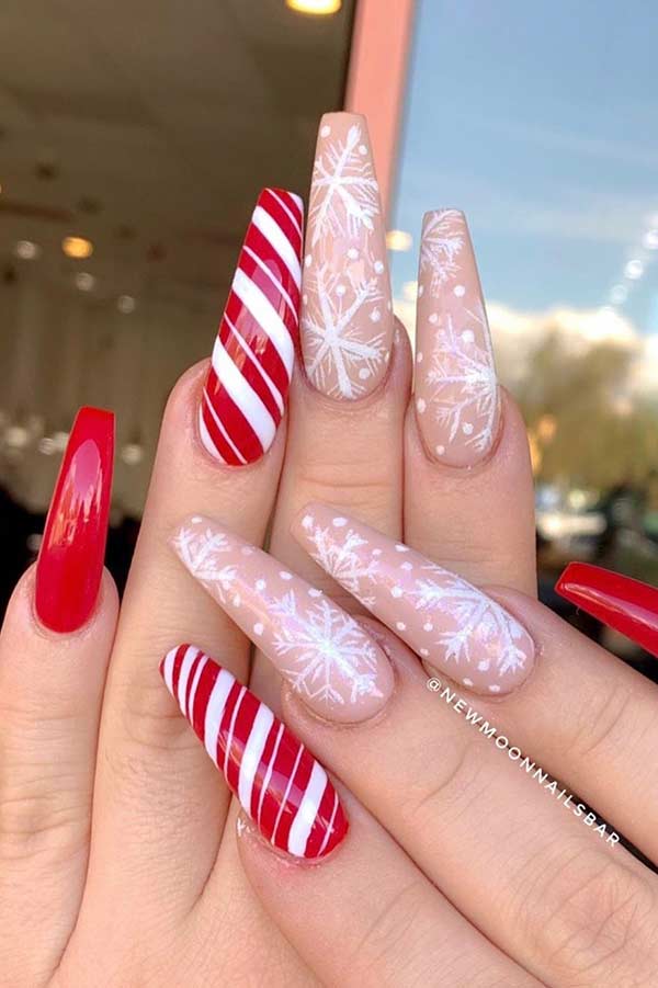 Candy Cane and Snowflake Coffin Nails