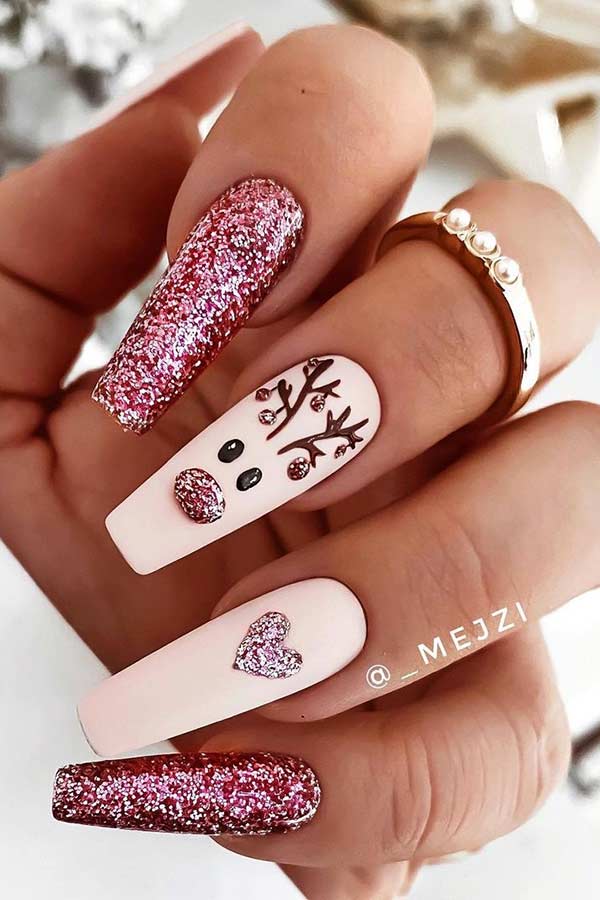 Cute Pink Reindeer Christmas Nails