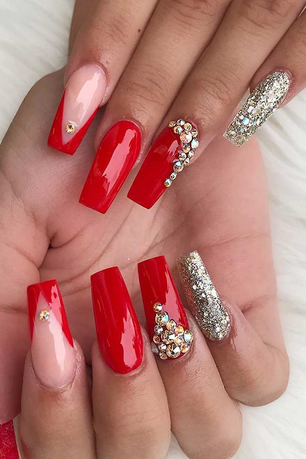 Red Nails with Glitter and Rhinestones