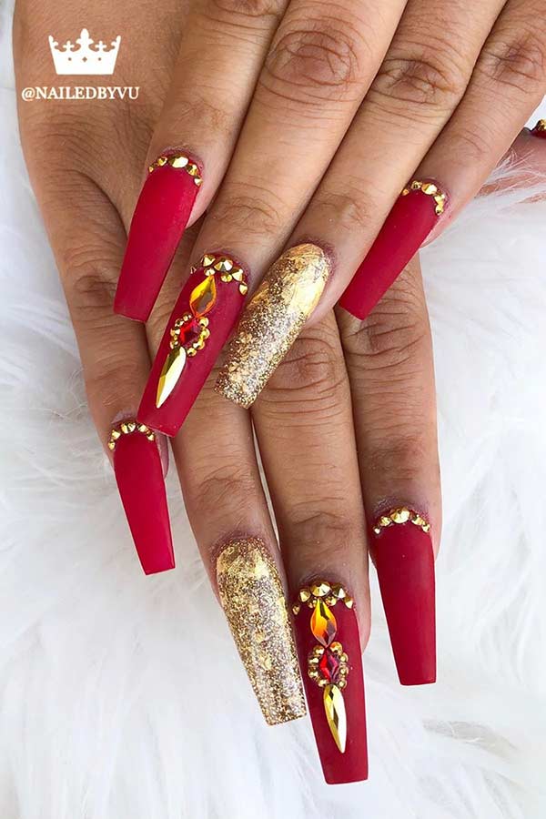 Red and Gold Coffin Nail Design