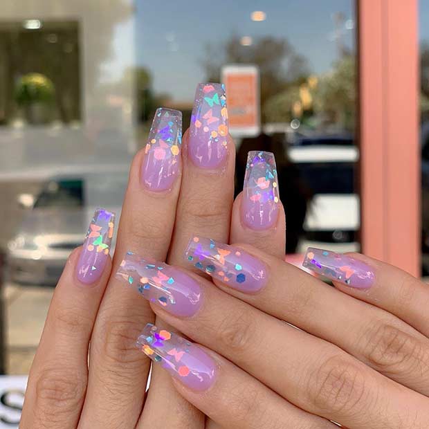 Clear Purple Nails with Butterflies