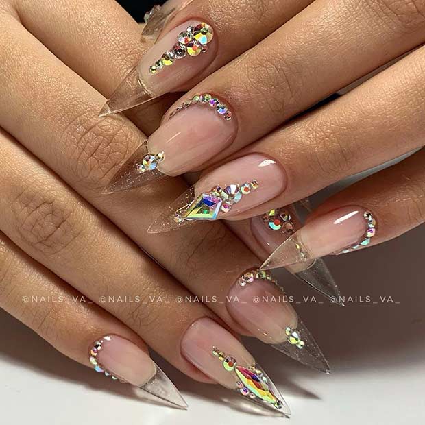 Clear Stiletto Nails with Rhinestones