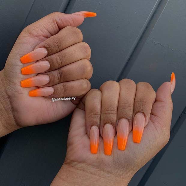 Nude and Neon Orange Ombre Nails