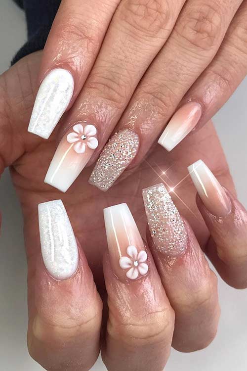 Nude and White Coffin Nails