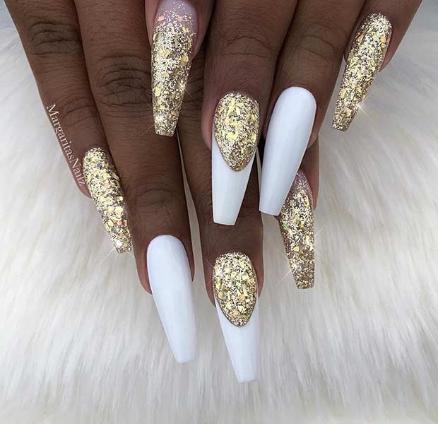 White and Gold Glitter Coffin Nails