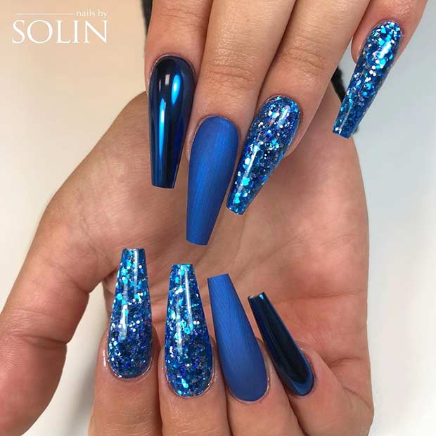 Blue Coffin Nails with Glitter