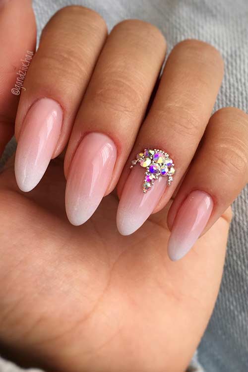 French Ombre Nails with Rhinestones