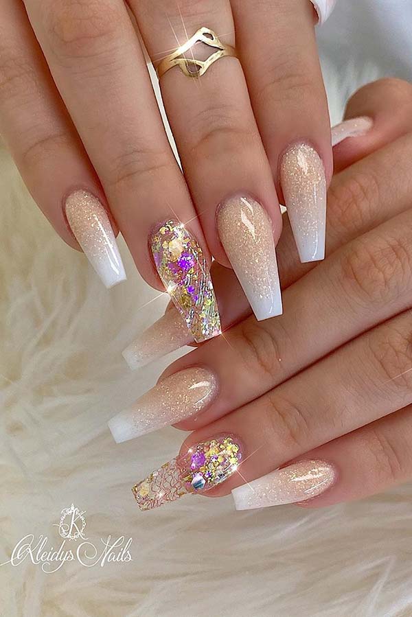 Gold and White Ombre Glitter Nails